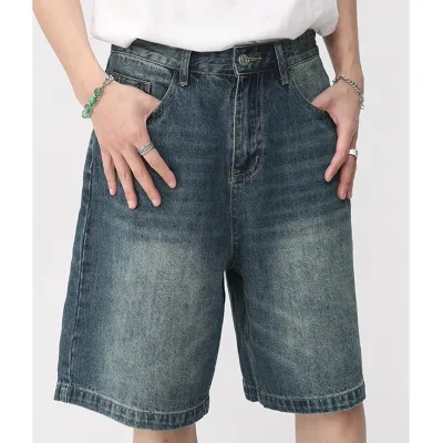 Man Casual Loose Vintage Wide Leg Jeans Baggy Shorts Custom 100% Cotton Men Denim Shorts