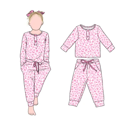 Factory Directly Sale Cool Girls 2pcs Pink Clothing Set Front Buttons Drawstring Pants for Kids Girls