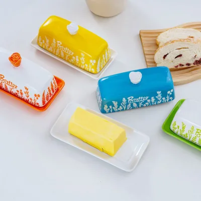 Rectangular Plant Pattern Ceramic Butter Dish With Lid Airtight Butter Keeper Dishwasher Safe for Home Restaurant