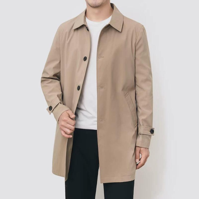 RNSHANGER Spring Men Long Breathable Bomber Jacket Casual Loose Solid Color England Style Turn Collar Outwear Polyester/Cotton