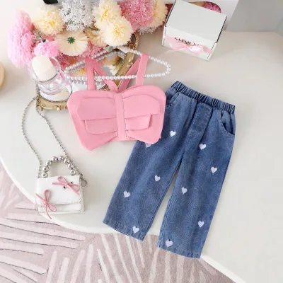 Summer Pink Girls Outfit Set Casual Children's Clothing Solid Color Bow Tie Vest Heart Print Denim Pants for Toddlers Two-Piece