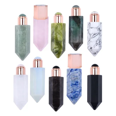 Wholesale OEM Obsidian Rose Quartz Essential Oil Bottle Mini Face Massage Roller Gua Sha Tool Luxury Gemstone Perfume Bottle