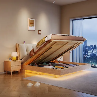 Custom Modern Design Queen/King Floating Bed With High Air Storage Box Solid Ash Wood Bedroom Furniture Bunk Bed Frame
