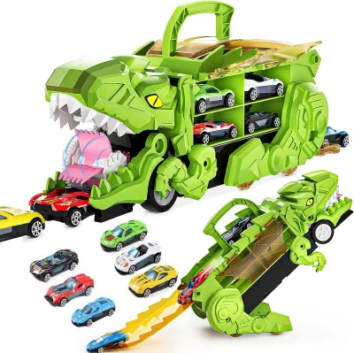 KK Dinosaur Transport Truck With Foldable Slide Race Track & 6 Alloy Cars,Toddler Truck Toy,Transform Into Dino,Monster Carrier