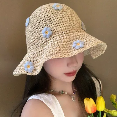 1pc Woven Flower Decoration Fisherman Hat Summer Shading Straw Woven Hat Girl Leisure Hat Outdoor Hat