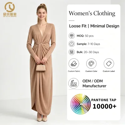 Custom Made Long Sleeve V-Neck Wrap Twist Knot Waist Floor Length Maxi Dress Women Asymmetrical Hem Solid Beige OEM ODM Factory
