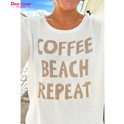 Dear-Lover Women White COFFEE BEACH REPEAT Graphic Sweater