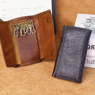 Vintage Multi Function Key Holder for Men & Women, High Quality Top Grain Cow Leather Tri Fold Mini Wallet Purse