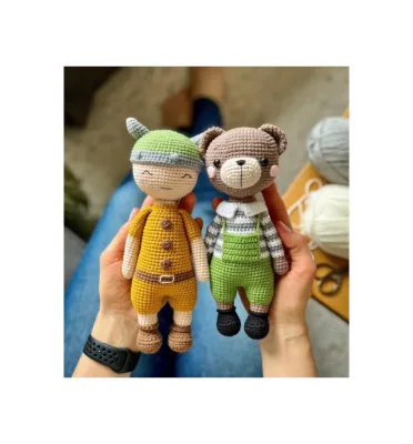 Factory Customized Logo and Label Girls Doll Toys Crochet Little Boy With Hat and Cute Bear With Clothes