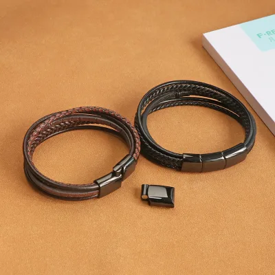 Multi Strand Brown Leather Bracelet for Men Stainless Steel Magnetic Clasp Braided Wristband