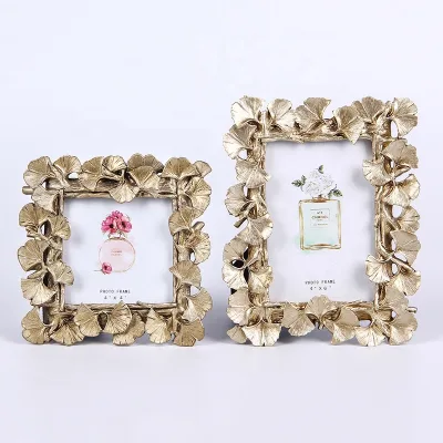 Trending European Home Decors 4Inch 6 Inch Golden Ginkgo Leaf Resin Photo Frame Customizable Size Logo Silk Screen Printing