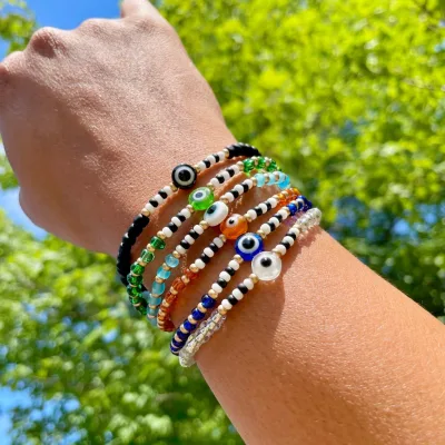 Bohemian Style Evil Eye Glass Bead Bracelet Elastic Handmade Beaded Colorful Glass Beaded Bracelets