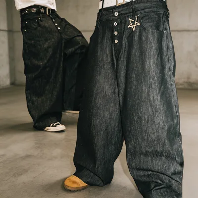 Senzhou Denim Pants Manufacturer 100% Cotton Jeans Pants Custom Double Waist Heavyweight Wash Baggy Denim Jeans Pants Men