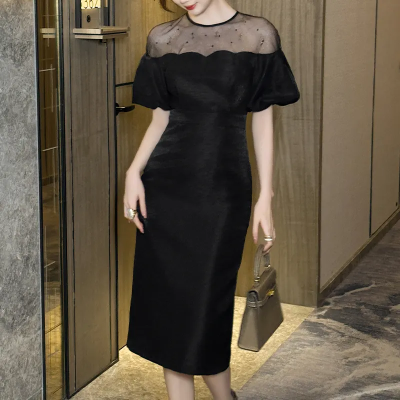 OEM Black Midi Satin Party Dress Bodycon Chic Evening Dress Off the Shoulder Rhinestone Back Split Prom Women Gown Dresses