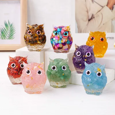 Reiki Spiritual Natural Crystal Resin Owl Figurines Fengshui Gemstone Crystal Animal Sculpture Attract Wealth Lucky Home Decor