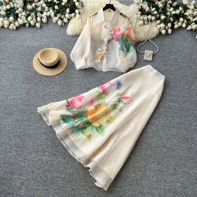 Women Spring Summer Elegant 2 Piece Skirt Set Sheer Collared Long Sleeve Blouse Floral Print Flowy Long Skirt Outfit