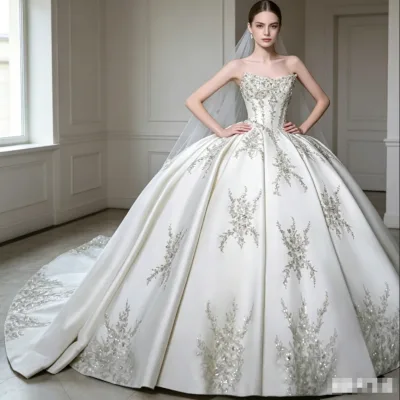 Luxury Beading Lace Wedding Dress Satin Pleats Bridal Ball Gown with Sleeves Scoop Neck Corset Customized