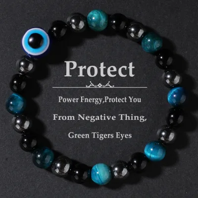 High Quality 8mm Natural Stone Elastic Evil Eyes Bracelet Retro Malachite Tiger Eye Crystal Beaded Blue Eye Jewelry Bracelet