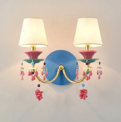 New European Style Colored Crystal Wall Lamp Decoration for Children's Rooms, pink Wall Mounted LED Candle Light