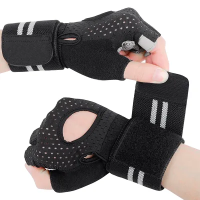 Elastic Workout Gloves with Wrist Wrap Support Half Finger Palm Protection for Weightlifting & Training & Fitness