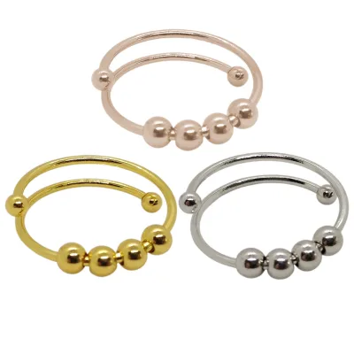 Trendy Stainless Steel Jewelry Spinning Fidget Rings Frosted Gold-plated Spin Ball Spinner Open Adjustable Anxiety Ring Hot Sale