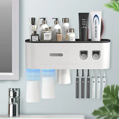 Home Bathroom Organizers Automatic Multi-functional Wall Mounted Plastic Battery Powered Eco-Friendly Toothbrush Holder Set