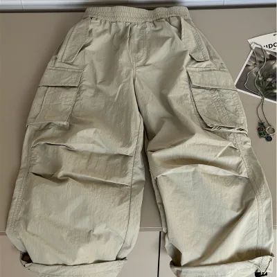 Spring and Summer New Boys Work Casual Pants Light Gray Thin Mid-Age Children Elastic Waist Soft Polyester Solid-color Letters