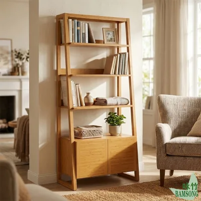 Bookshelf Bamboo Ladder 4 Open Shelves Double Doors Living Room Home Office Small Apartment Space Saving Storage Cabinet