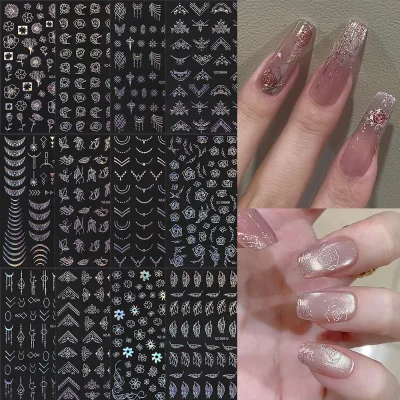 12pcs 3D Laser Gold Silver Nail Stickers Flower/Leaves/Lines Nail Decals Charming Self Adhesive French Design Manicure Decals