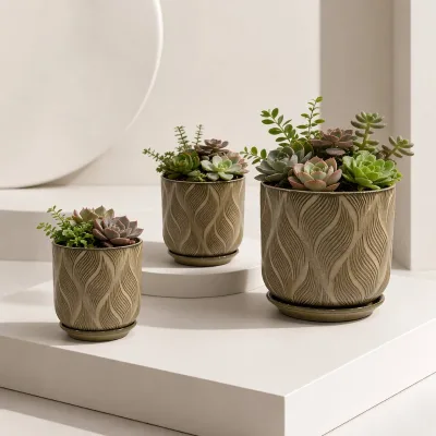 Supplier Supply Vintage Style Sea Wave Texture Ceramic Succulent Pots Glossy Finish Pottery Flowerpots for Bedroom Corner
