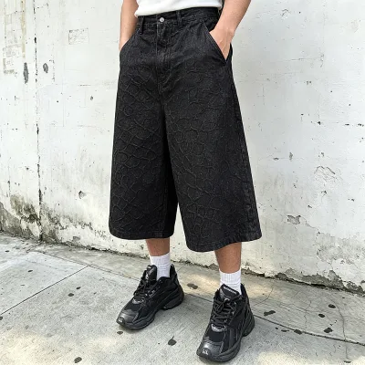 Dongguan Denim Manufacturer Custom Mens Vintage Wash Oversize Wide Leg Baggy 3d Embossed Knee Length Jean Shorts Jorts