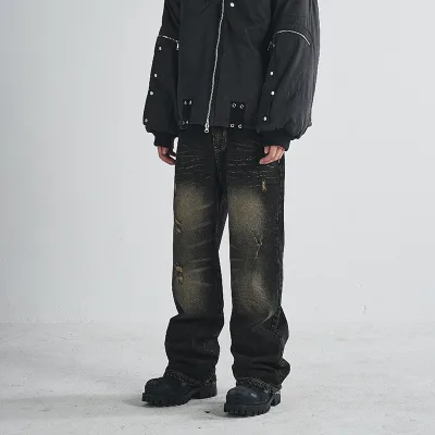 High Street Fashion Vintage Black Loose Straight Pants Hems Stacked Casual Pants Mens Jeans