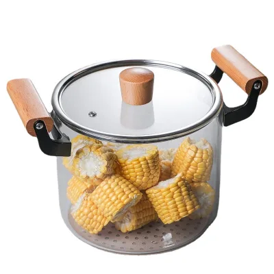 Heat Resistant Clear High Borosilicate Glass Cooking Pot With Wooden Handles