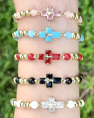 CH-LHB0690 Luxury Religion Bracelet Adjustable Clear CZ Cross Connector Bracelet White CZ Color Beads CZ Bracelet Wholesale