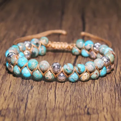 Wholesale Stone Beaded Handmade Yoga Stretch Unisex Bracelet Double Layer Energy Emperor Stone Bracelet