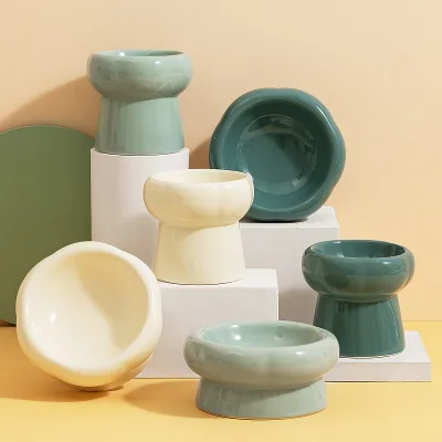 Ceramic Pet Food Bowl Porcelain Cat bowl With High Feet to Prevent Tipping and Protect the Neck Pet Water Snack Ceramic Bowl.