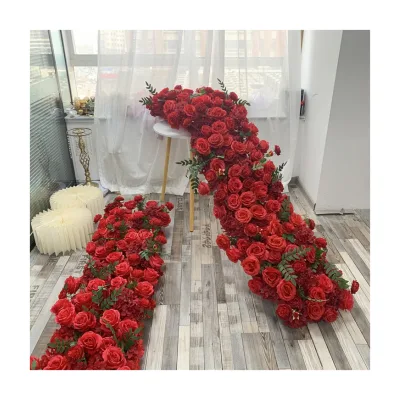 Customizable 2m Flower Row Arrangement Wedding Foam Strip Red Flower Runner Hydrangea Rose Flower Aisle Runner for Wedding