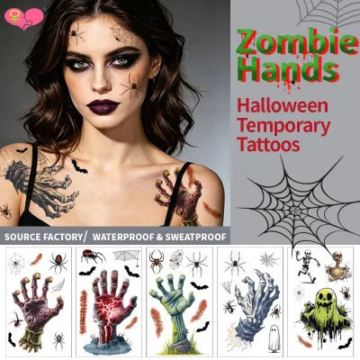 Scary Halloween Body Art Tattoos, Bloody Zombie Hands Spider Web Ghost Skeleton Stickers for Halloween Night Party Cosplay Decor