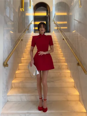 New Chinese Retro Red Women's Short-sleeved Slim-fit Elegant Short Skirt High-end A-line Birthday Dress