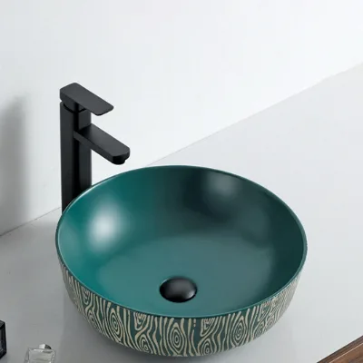 B Modern Matt Green Hand-Carved Ceramic Countertop Washbasin Creative Scratch Resistant Easy Clean Hotel Bathroom Sink 5 Year
