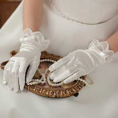 HZS-24014 New Short Satin Lace Bridal Ivory Gloves Wedding Accessories Bow Party Gloves