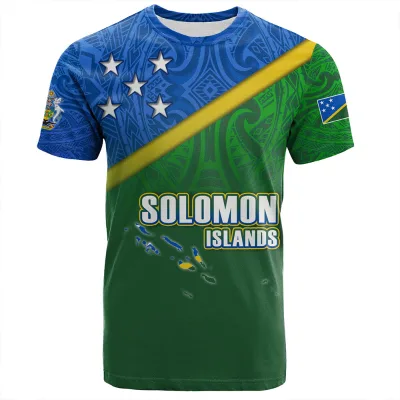Polynesian Print Solomon Islands T-Shirt Flag Color With Traditional Patterns Short Sleeve Summer Party Wear Tshirts for Men