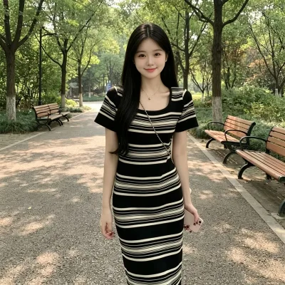 Women's Beach Vacation Striped Knit Cami Crew Neck Short Sleeve Bodycon Midi Back Slit Summer Dress