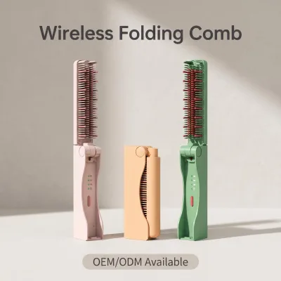 Portable Mini Wireless Hot Comb Fast Heating Ceramic Ionic Hair Straightening Brush Compact Foldable Travel Hair