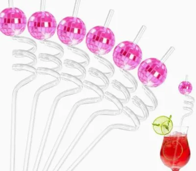 Plastic bar Club Drinking Decoration Round Charms Green pink Red Gold Silver Blue Coloful Metal Glitter Ball Disco Straw