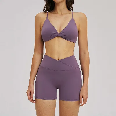 Solid Breathable Yoga Set Shorts Thin Straps Beautiful Back Design 2-Piece Elastic Waist High-Waisted Casual Fitness Set for