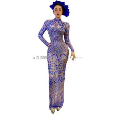 Huadiao Nightclub Bar Girl Full Diamond Blue Slim Slim Dress Wrapped Hip Dress Model Show Performance Dress