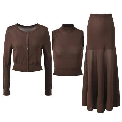 Women Knitted Long Sleeve Single Breasted Knit Cardigan Sleeveless Turtleneck Vest Sweater and Mermaid Pleated Midi Skirt Set