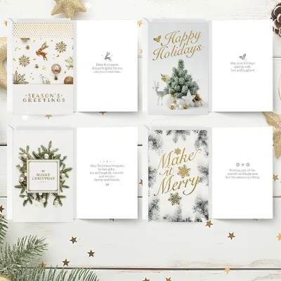 Christmas Cards Assortment White and Gold Gift Envelope Set (16 Cards and 16 Wallet Envelopes) 6.75x4.5 Inch with Seal Stickers