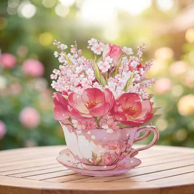 3D Pink Cherry Blossom Tulip Teacup Pop up Card,Handcrafted Floral Greeting Card Romantic Gift for Women Best Friend